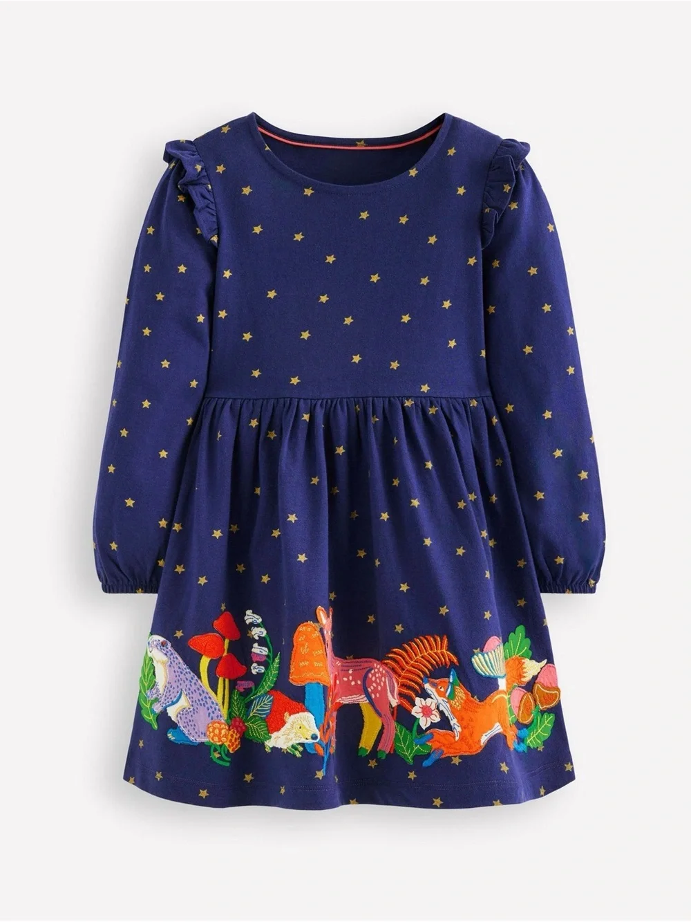 NWT Mini Boden Embroidered Ruffle Woodlands Fall Appliqué Jersey Dress